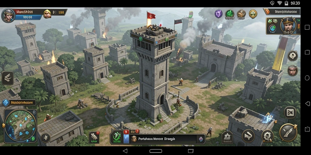 Tampilan gameplay menakjubkan dari 9939 dengan menara pertahanan.