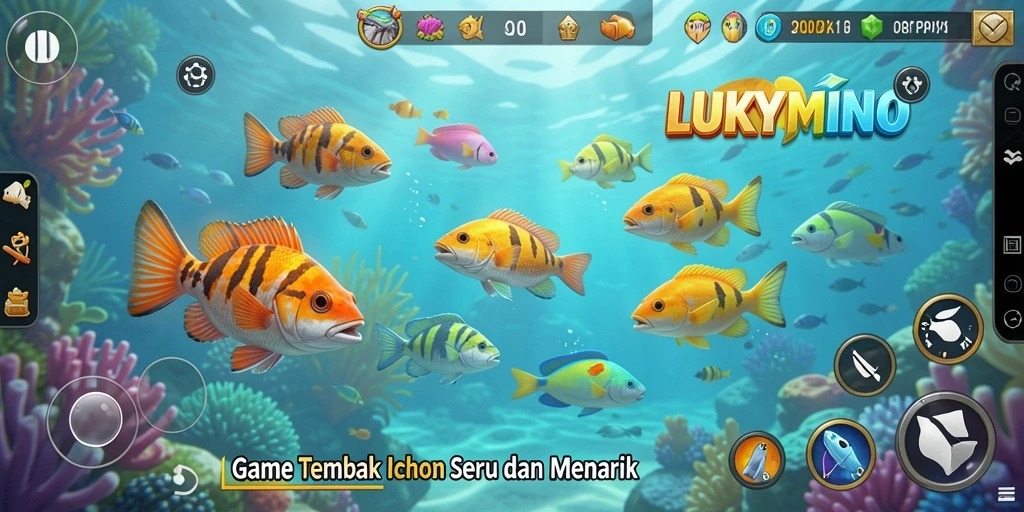 Tampilan gameplay seru di LUKYMINO saat menembak ikan.