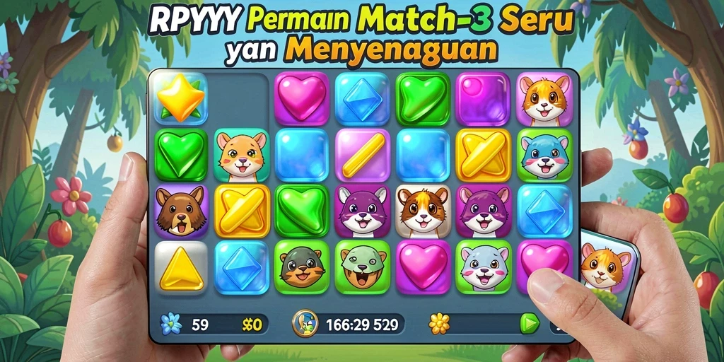 Screenshot gameplay RPYYY menampilkan keseruan mencocokkan item warna-warni.